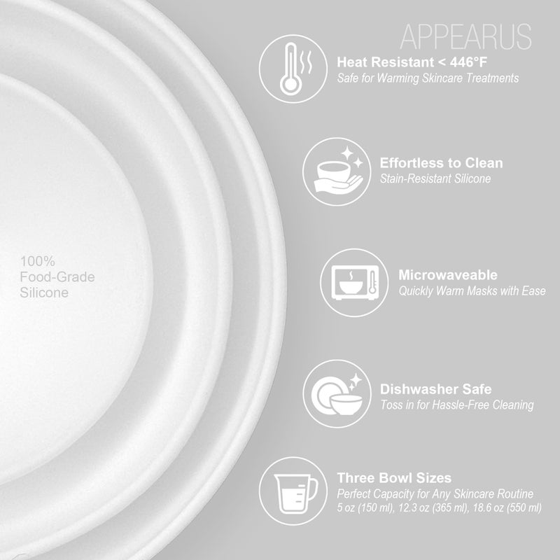 APPEARUS Facial Mask Silicone Mixing Bowl Set - 6-Piece Spa Skincare Kit with 3 Mixing Bowls, Brush & Spatulas - Reusable, Microwave & Dishwasher Safe - White - Image 2